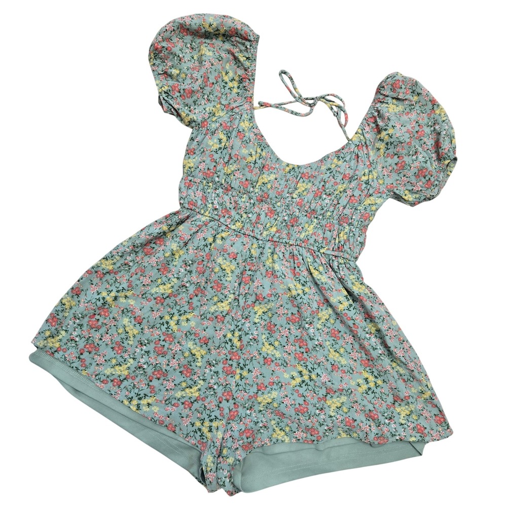Alter'd State Floral Puff Sleeve Smocked Romper Shorts Light Green Women's S